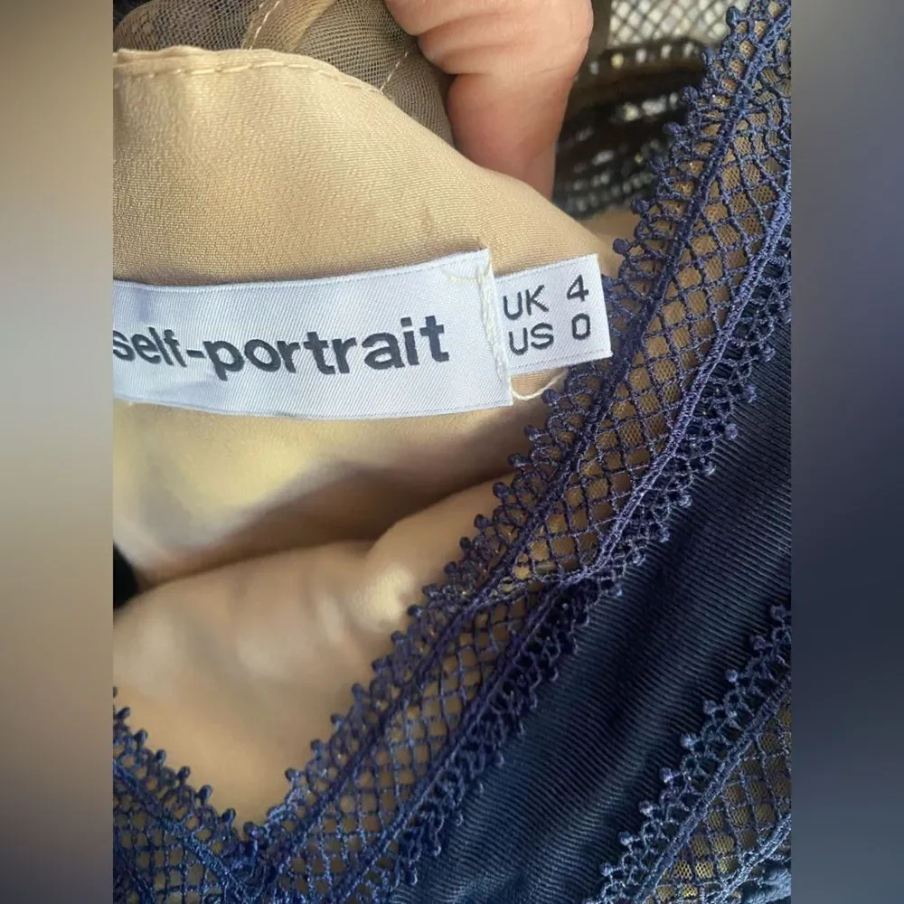 Self-Portrait Mini Dress Size 0 Navy Blue  Lace Ruffles Sleeve Lined - Picture 6 of 16